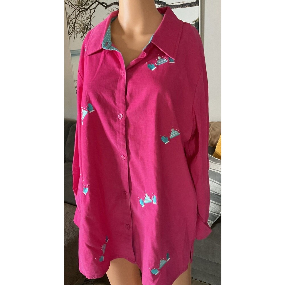 QUACKER FACTORY winter Button Shirt Sz  L Pink w/snow hat and gloves Embroidered